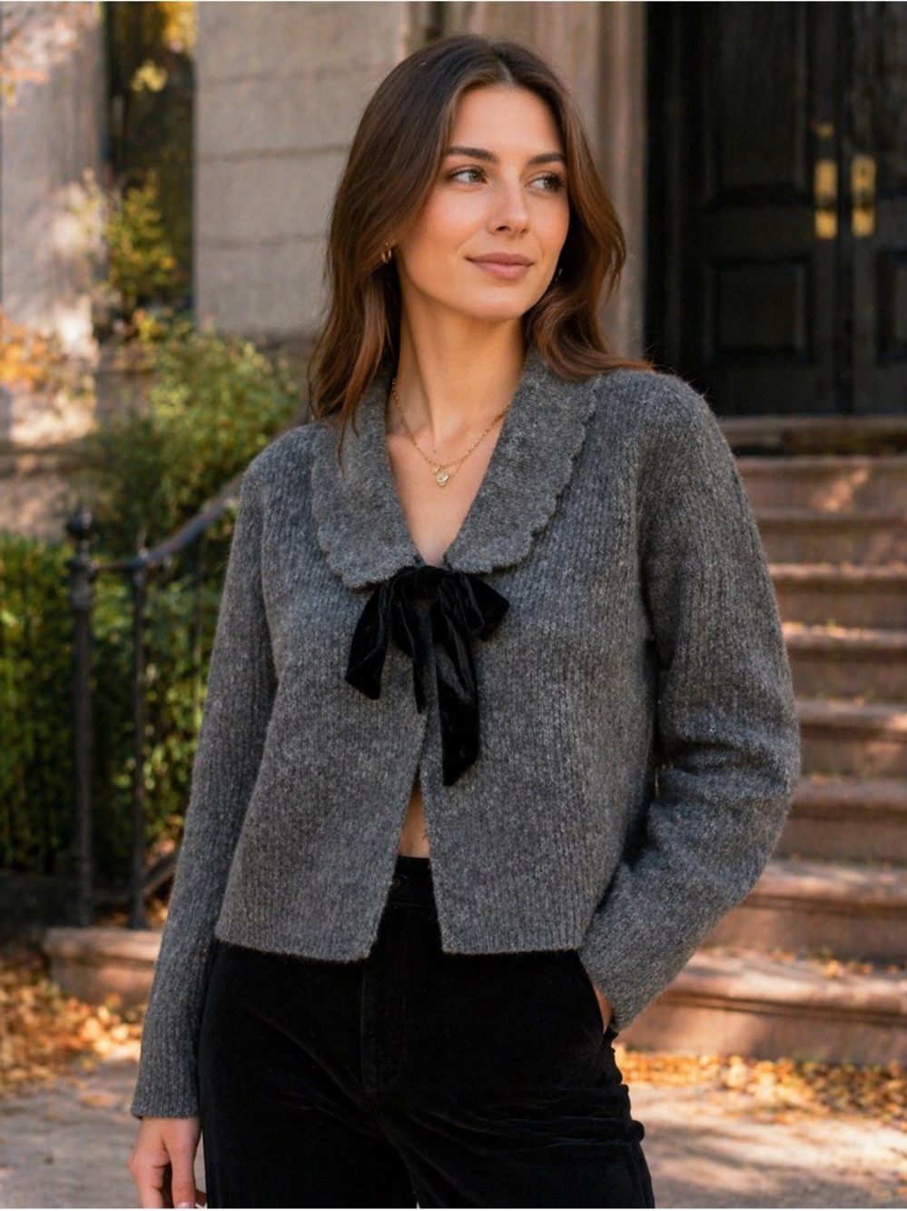 Wayf Gray Knit Cardigan with Velvet Bow Accent
